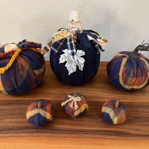 6 piece dark blue and plaid decorative pumpkin bundle lot